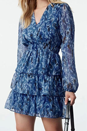 Kadın Mini Boy V Yaka Etnik Desen Skater Belden Açılan Eteği Volanlı Şifon Astarlı Dokuma Elbise