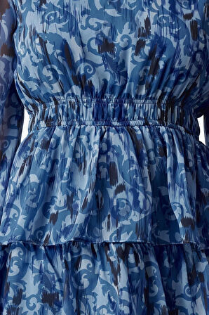 Kadın Mini Boy V Yaka Etnik Desen Skater Belden Açılan Eteği Volanlı Şifon Astarlı Dokuma Elbise