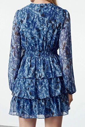 Kadın Mini Boy V Yaka Etnik Desen Skater Belden Açılan Eteği Volanlı Şifon Astarlı Dokuma Elbise