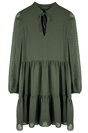 Kadın Moda Şık Mini Boy Dik Yaka Regular Düz Geniş Kesim Puantiye Şifon Kumaşlı Dokuma Kışlık Elbise