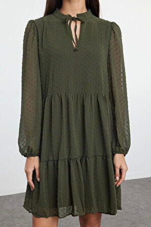 Kadın Moda Şık Mini Boy Dik Yaka Regular Düz Geniş Kesim Puantiye Şifon Kumaşlı Dokuma Kışlık Elbise