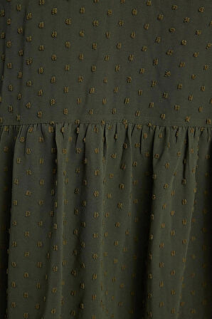 Kadın Moda Şık Mini Boy Dik Yaka Regular Düz Geniş Kesim Puantiye Şifon Kumaşlı Dokuma Kışlık Elbise