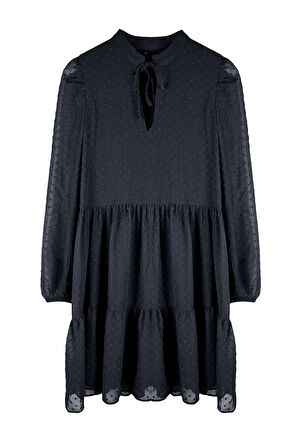 Kadın Moda Şık Mini Boy Dik Yaka Regular Düz Geniş Kesim Puantiye Şifon Kumaşlı Dokuma Kışlık Elbise