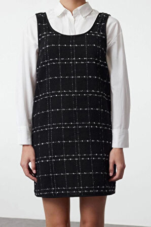 Kadın Moda Şık Mini Boy U Yaka Regular Ekose Kareli Tüvit Jile Dokuma Elbise