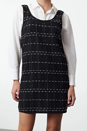 Kadın Moda Şık Mini Boy U Yaka Regular Ekose Kareli Tüvit Jile Dokuma Elbise