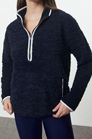 Kadın Moda Şık Regular Dik Yaka Düşük Kol Regular Peluş Örme Spor Sweatshirt