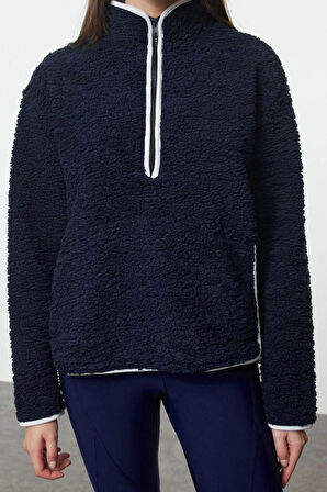 Kadın Moda Şık Regular Dik Yaka Düşük Kol Regular Peluş Örme Spor Sweatshirt