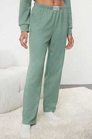 Kadın Moda Şık V Yaka Boru Paça Uzun Kol Etiket Detaylı Waffle Kumaş Örme Pijama Takımı