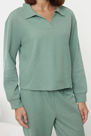 Kadın Moda Şık V Yaka Boru Paça Uzun Kol Etiket Detaylı Waffle Kumaş Örme Pijama Takımı