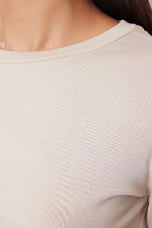 Kadın Moda Şık Üst Giyim Crop Bisiklet Yaka Slim Kalıp Örme Viskon Esnek Bluz