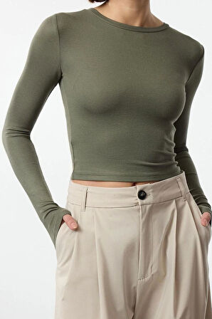 Kadın Moda Şık Üst Giyim Crop Bisiklet Yaka Slim Kalıp Örme Viskon Esnek Bluz