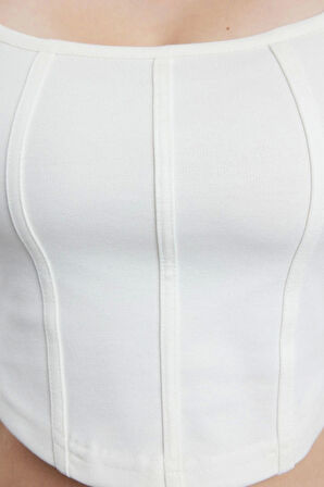 Kadın Moda Şık Crop Kare Yaka Slim Kalıp Örme Biye Detaylı Fitted Vücuda Oturan İnterlok Bluz