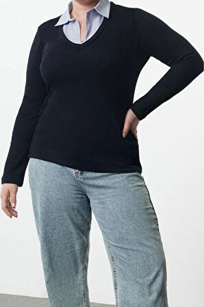 Kadın Moda Şık Büyük Beden Regular Gömlek Yaka Regular Kalıp Örme Süprem Bluz