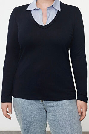 Kadın Moda Şık Büyük Beden Regular Gömlek Yaka Regular Kalıp Örme Süprem Bluz