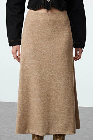 Kadın Moda Stil Maxi Astarsız Örme Yüksek Bel Kloş Form Midi Boy Yumoş Örme Etek