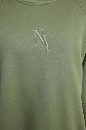 Kadın Moda Şık Regular Bisiklet Yaka Düşük Kol Crop Fit Nakışlı Kalın İçi Polarlı Örme Sweatshirt