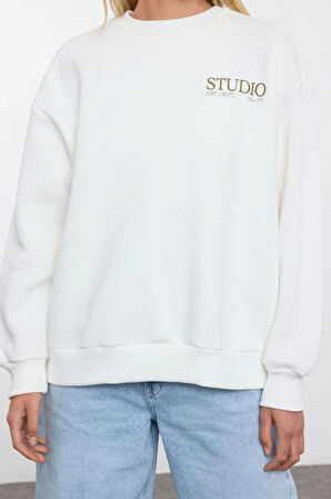 Kadın Crop Bisiklet Yaka Standart Kol Crop Sırt Baskı Kalın İçi Polarlı Normal Kalıp Örme Sweatshirt