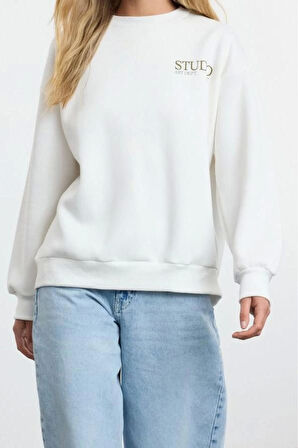Kadın Crop Bisiklet Yaka Standart Kol Crop Sırt Baskı Kalın İçi Polarlı Normal Kalıp Örme Sweatshirt