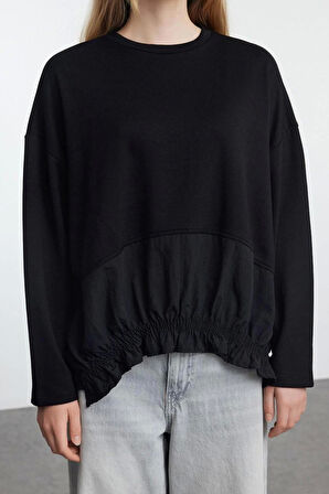 Kadın Bisiklet Yaka Düşük Kol Yumuşak Tuşeli Paraşüt Detaylı Normal Kalıp Örme Sweatshirt