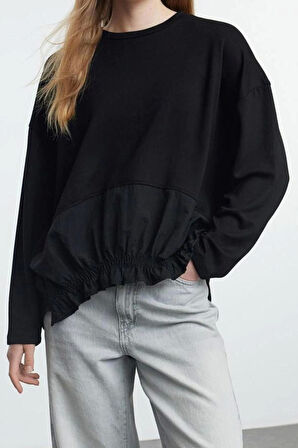Kadın Bisiklet Yaka Düşük Kol Yumuşak Tuşeli Paraşüt Detaylı Normal Kalıp Örme Sweatshirt