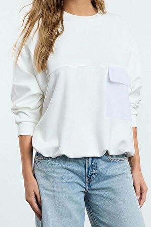 Kadın Bol Bisiklet Yaka Düşük Kol Uzun Yumuşak Tuşeli Paraşüt Cep Geniş Kesim Örme Sweatshirt