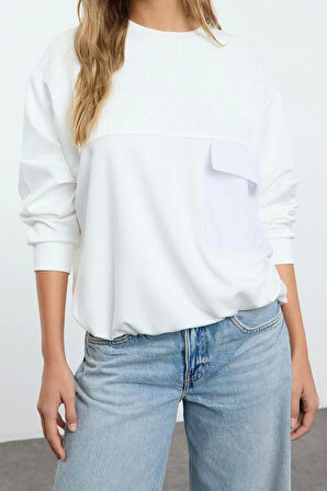 Kadın Bol Bisiklet Yaka Düşük Kol Uzun Yumuşak Tuşeli Paraşüt Cep Geniş Kesim Örme Sweatshirt