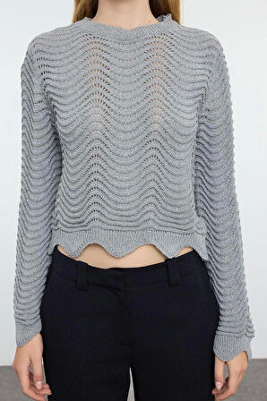 Kadın Moda Şık Bisiklet Yaka Standart Kol Regular Crop Ajurlu Delikli Triko Kazak
