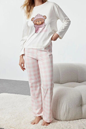 Kadın Moda Bisiklet Yaka Geniş Paça Uzun Kol %100 Pamuklu Ayıcık Baskılı Ekoseli Örme Pijama Takımı