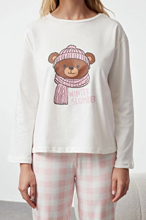 Kadın Moda Bisiklet Yaka Geniş Paça Uzun Kol %100 Pamuklu Ayıcık Baskılı Ekoseli Örme Pijama Takımı
