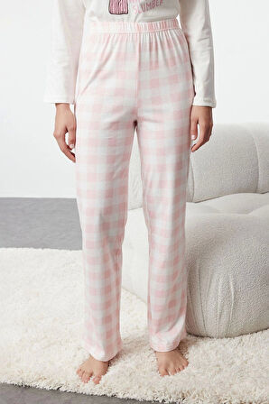 Kadın Moda Bisiklet Yaka Geniş Paça Uzun Kol %100 Pamuklu Ayıcık Baskılı Ekoseli Örme Pijama Takımı