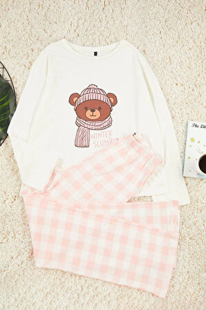 Kadın Moda Bisiklet Yaka Geniş Paça Uzun Kol %100 Pamuklu Ayıcık Baskılı Ekoseli Örme Pijama Takımı