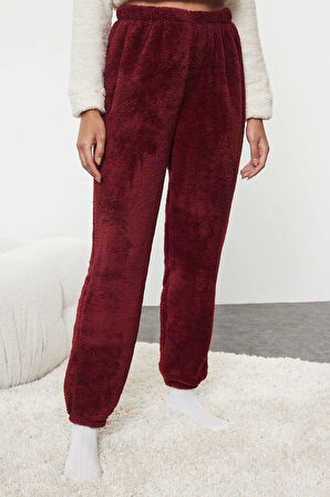 Kadın Moda Şık Bisiklet Yaka Lastikli Paça Uzun Kol Kalpli Wellsoft Kışlık Örme Pijama Takımı
