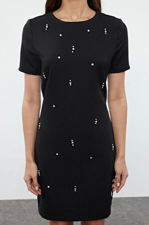 Kadın Moda Şık Mini Boy Bisiklet Yaka Regular Shift Düz Kalıp Taş İşlemeli Dokuma Elbise