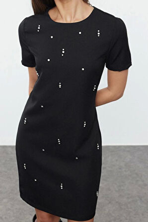 Kadın Moda Şık Mini Boy Bisiklet Yaka Regular Shift Düz Kalıp Taş İşlemeli Dokuma Elbise