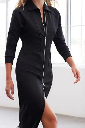 Kadın Moda Şık Midi Boy Polo Yaka Slim Limited Edition Fitted Vücuda Oturan Örme Elbise