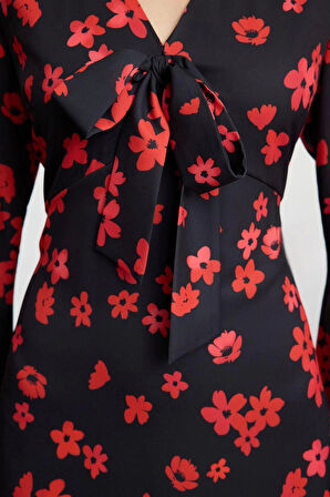 Kadın Moda Şık Midi Boy V Yaka Regular Çiçek Desenli A Kesim Bağlama Detaylı Saten Dokuma Elbise