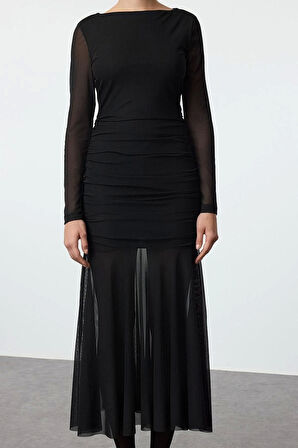 Kadın Moda Şık Midi Boy Kayık Yaka Fitted Vücuda Oturan Tül Elbise