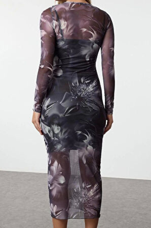 Kadın Moda Şık Midi Boy Bisiklet Yaka Slim Tül Astarlı Vücuda Oturan Örme Elbise