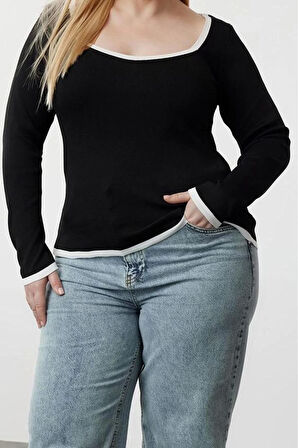 Kadın Büyük Beden Moda Şık Regular Kare Yaka Uzun Kol Düz Kare Yaka Vücudu Saran İnce Triko Kazak