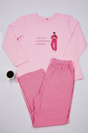 Kadın Moda Şık Büyük Beden Bisiklet Yaka Boru Paça Uzun Kol Çizgili Örme Pijama Takımı