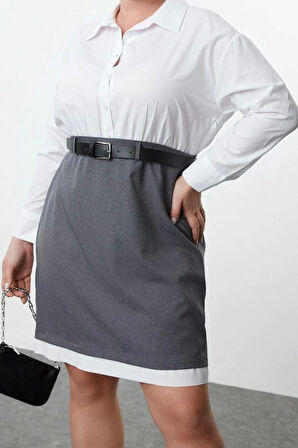 Kadın Moda Şık Büyük Beden Mini Boy Gömlek Yaka Fitted Kemerli Gömlek-Etek Büyük Beden Dokuma Elbise