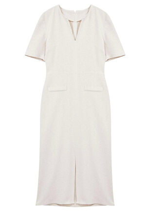 Kadın Moda Şık Midi Boy Bisiklet Yaka Regular Kuşaklı A Kesim Tüvit Dokuma Elbise