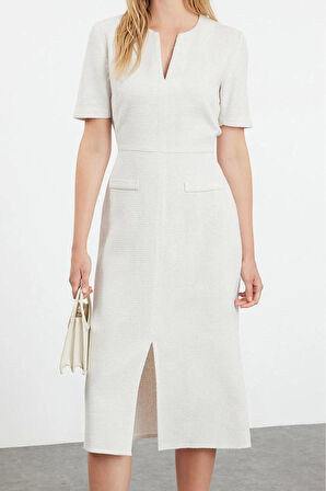 Kadın Moda Şık Midi Boy Bisiklet Yaka Regular Kuşaklı A Kesim Tüvit Dokuma Elbise