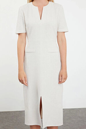 Kadın Moda Şık Midi Boy Bisiklet Yaka Regular Kuşaklı A Kesim Tüvit Dokuma Elbise