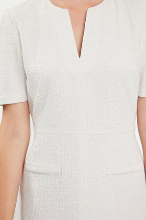 Kadın Moda Şık Midi Boy Bisiklet Yaka Regular Kuşaklı A Kesim Tüvit Dokuma Elbise