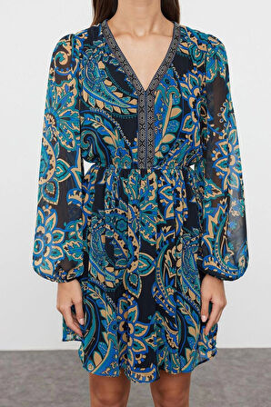 Kadın Moda Şık Mini Boy V Yaka Regular Çiçekli Dokuma Elbise