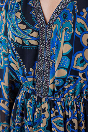 Kadın Moda Şık Mini Boy V Yaka Regular Çiçekli Dokuma Elbise