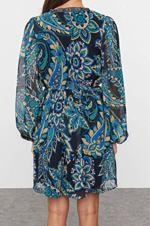 Kadın Moda Şık Mini Boy V Yaka Regular Çiçekli Dokuma Elbise