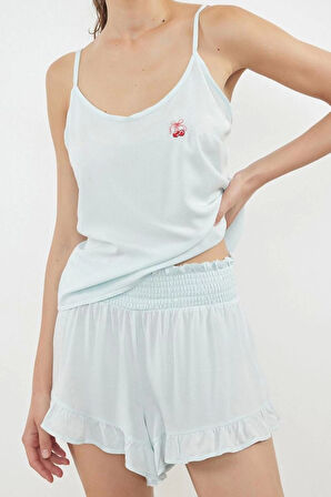 Kadın Moda Askılı Yaka Geniş Paça Askılı Kol Avokado Nakışlı Fırfırlı İp Viskon Dokuma Pijama Takımı