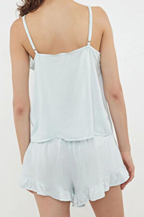 Kadın Moda Askılı Yaka Geniş Paça Askılı Kol Avokado Nakışlı Fırfırlı İp Viskon Dokuma Pijama Takımı